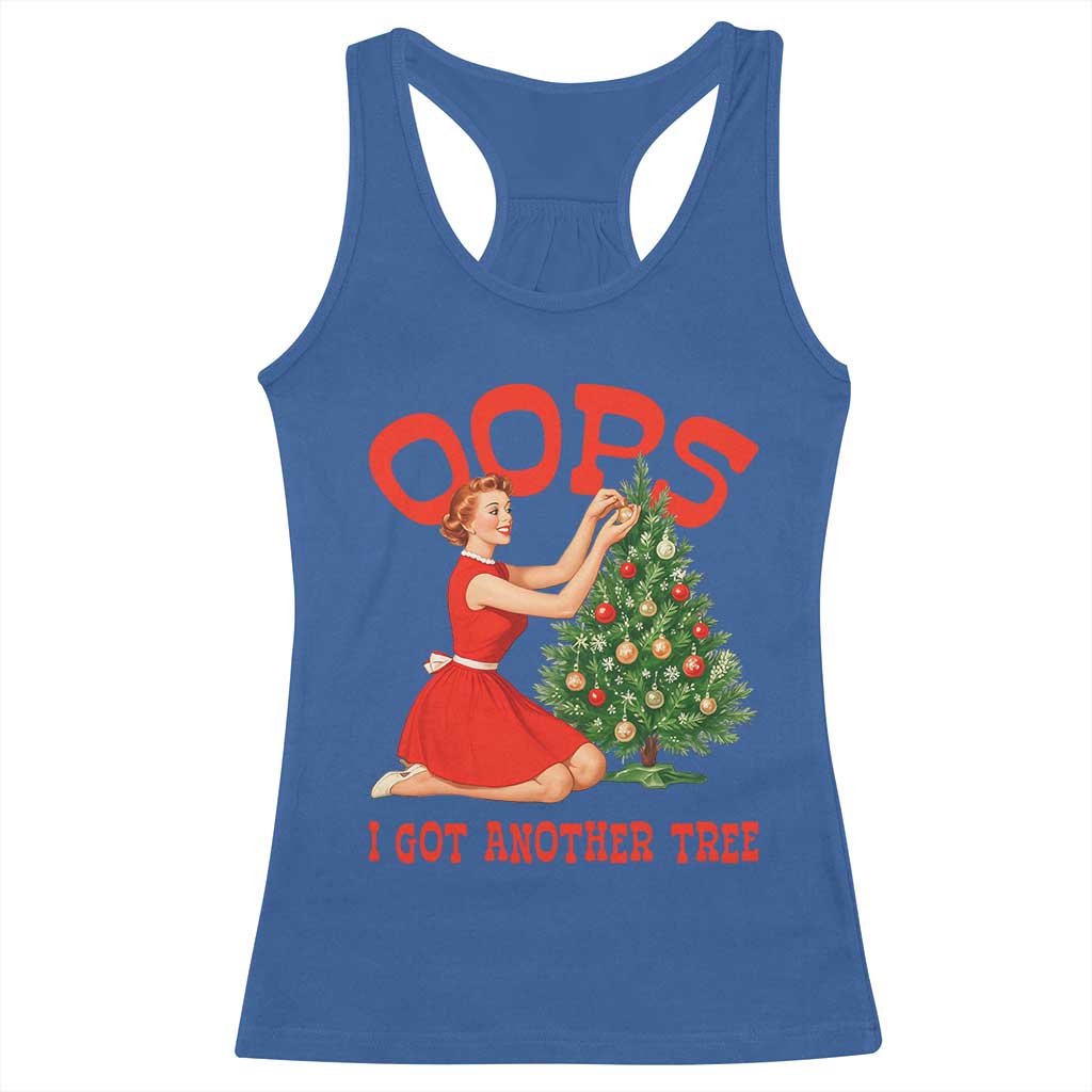 Funny Retro Christmas Pinup Girl Racerback Tank Top Oops I Got Another Tree Vintage Pin Up Style Holiday Humor TS02 Royal Blue Print Your Wear
