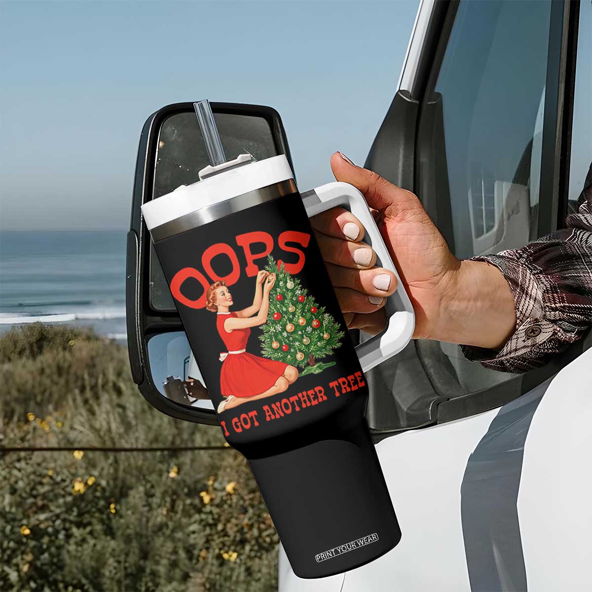 Funny Retro Christmas Pinup Girl Tumbler With Handle Oops I Got Another Tree Vintage Pin Up Style Holiday Humor TS02 Print Your Wear