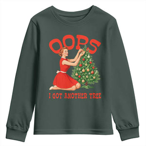 Funny Retro Christmas Pinup Girl Youth Sweatshirt Oops I Got Another Tree Vintage Pin Up Style Holiday Humor TS02 Dark Forest Green Print Your Wear