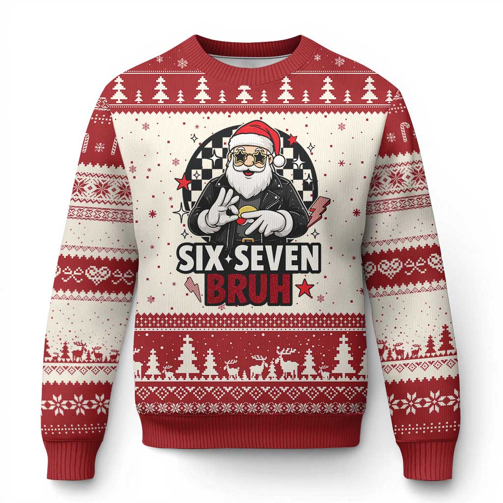 Six Seven Bruh Xmas Meme Ugly Christmas Sweater Cool Santa 67 Hand Sign Street Style Vibes TS02 Beige Red Print Your Wear