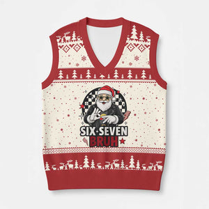 Six Seven Bruh Xmas Meme V-Neck Knit Sweater Vest Cool Santa 67 Hand Sign Street Style Vibes TS02 Beige Red Print Your Wear