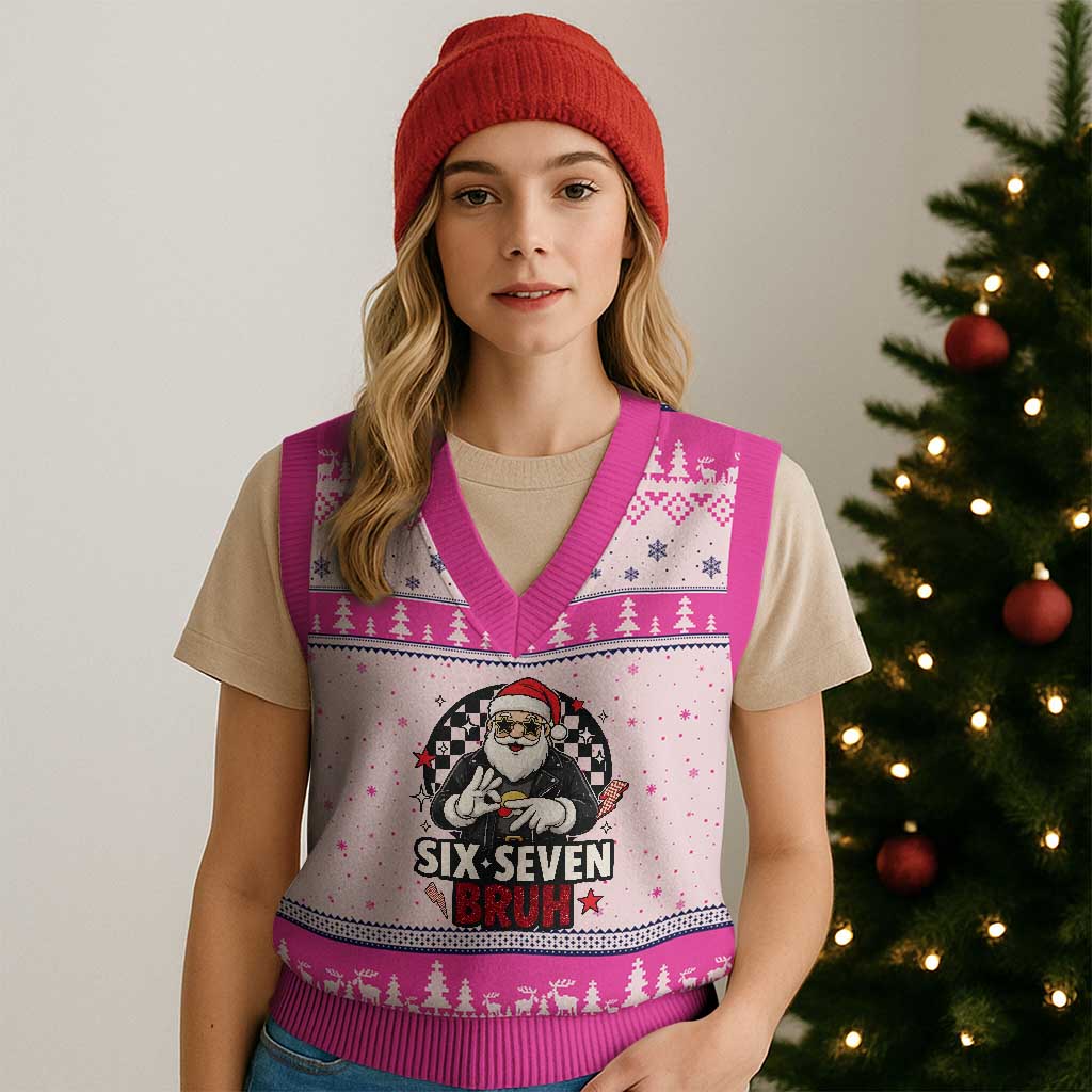 Six Seven Bruh Xmas Meme V-Neck Knit Sweater Vest Cool Santa 67 Hand Sign Street Style Vibes TS02 Hot Pink Print Your Wear