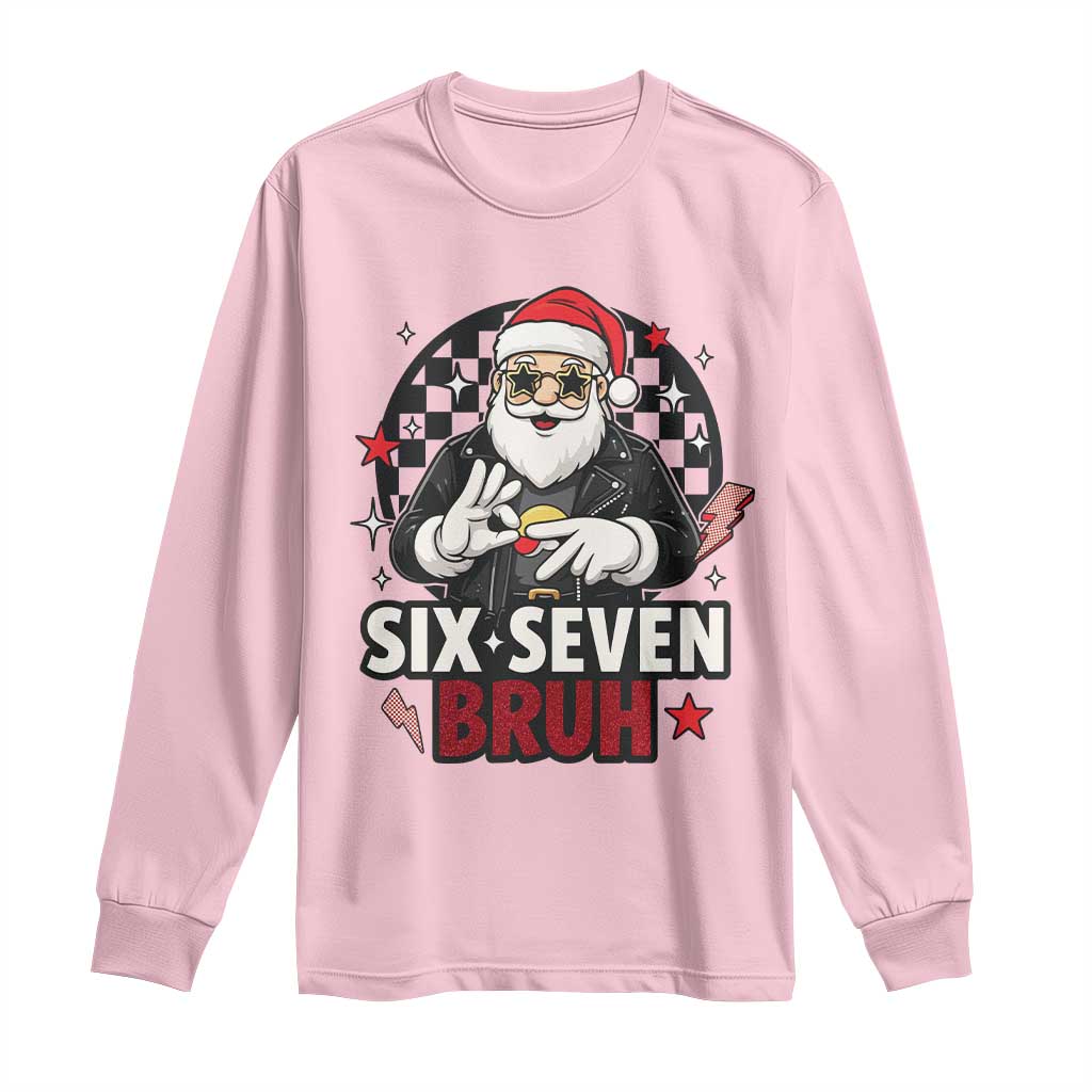 Six Seven Bruh Christmas Meme Long Sleeve Shirt Cool Santa 67 Hand Sign Street Style Vibes TS02 Light Pink Print Your Wear