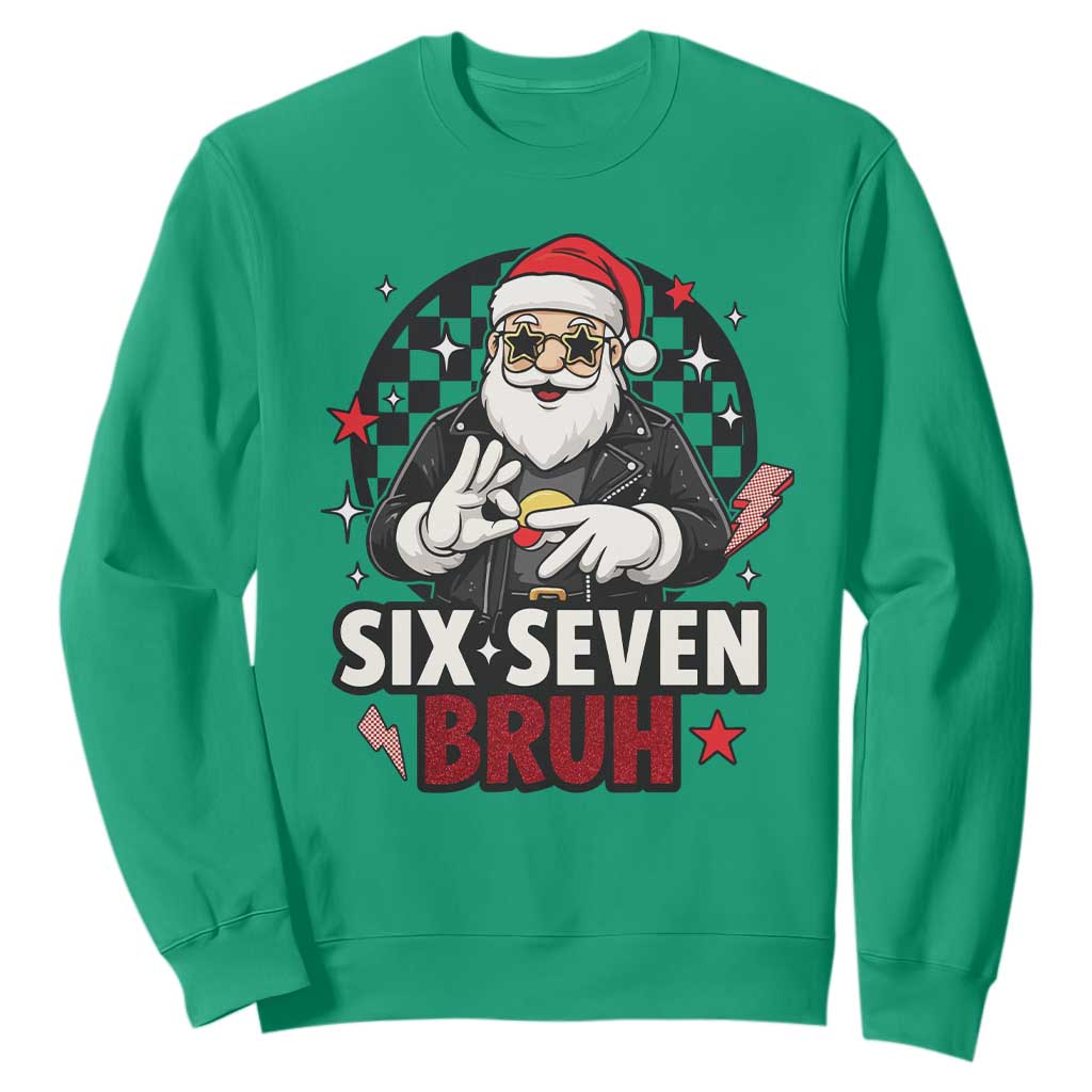 Six Seven Bruh Christmas Meme Sweatshirt Cool Santa 67 Hand Sign Street Style Vibes TS02 Irish Green Print Your Wear