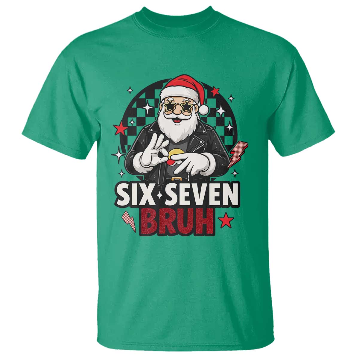 Six Seven Bruh Christmas Meme T Shirt Cool Santa 67 Hand Sign Street Style Vibes TS02 Irish Green Print Your Wear