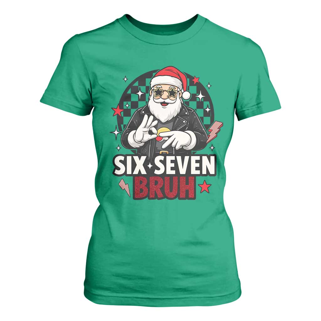 Six Seven Bruh Christmas Meme T Shirt For Women Cool Santa 67 Hand Sign Street Style Vibes TS02 Irish Green Print Your Wear