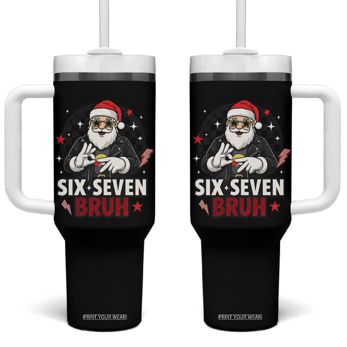 Six Seven Bruh Christmas Meme Tumbler With Handle Cool Santa 67 Hand Sign Street Style Vibes TS02 One Size: 40 oz Black Print Your Wear