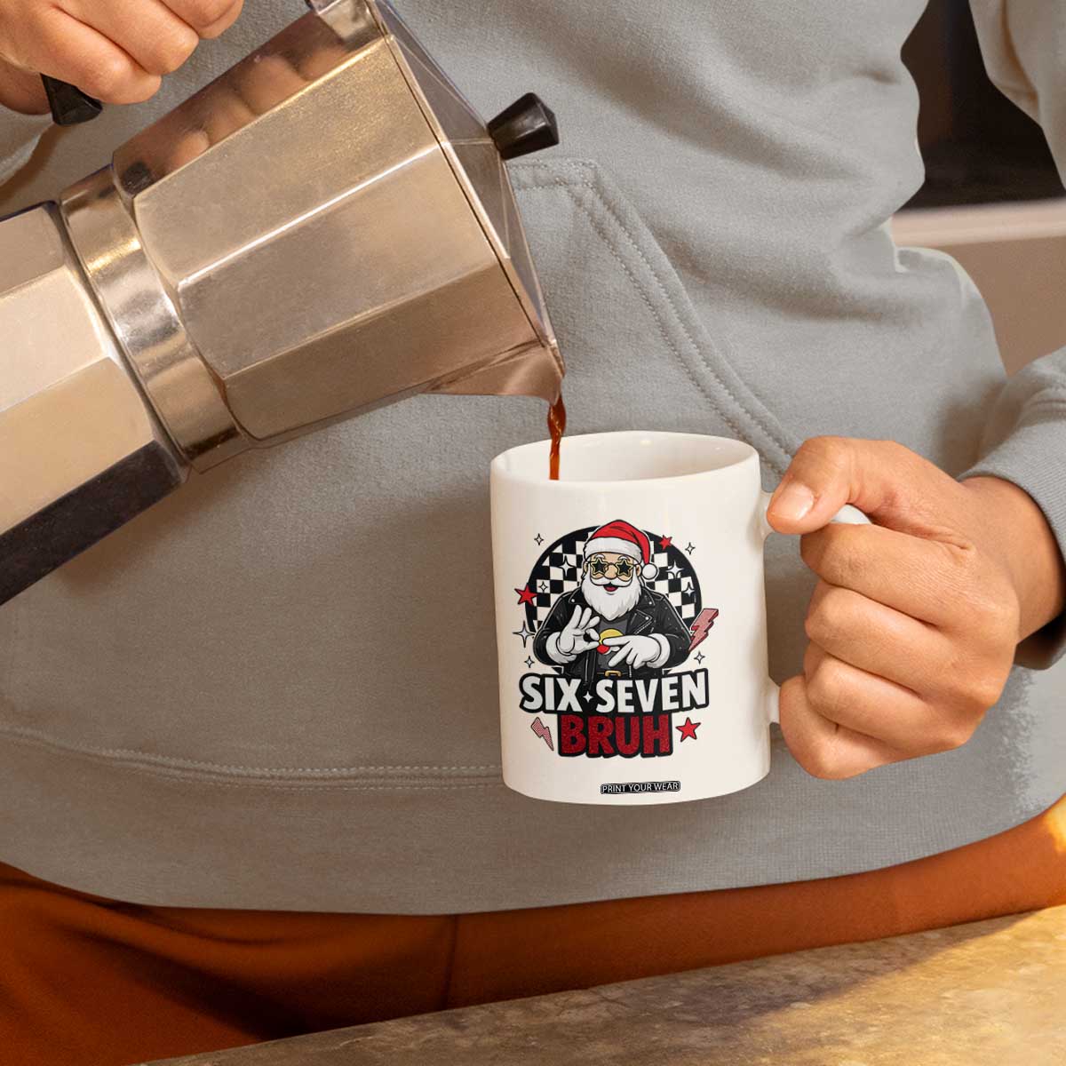 Six Seven Bruh Christmas Meme Coffee Mug Cool Santa 67 Hand Sign Street Style Vibes TS02 Print Your Wear