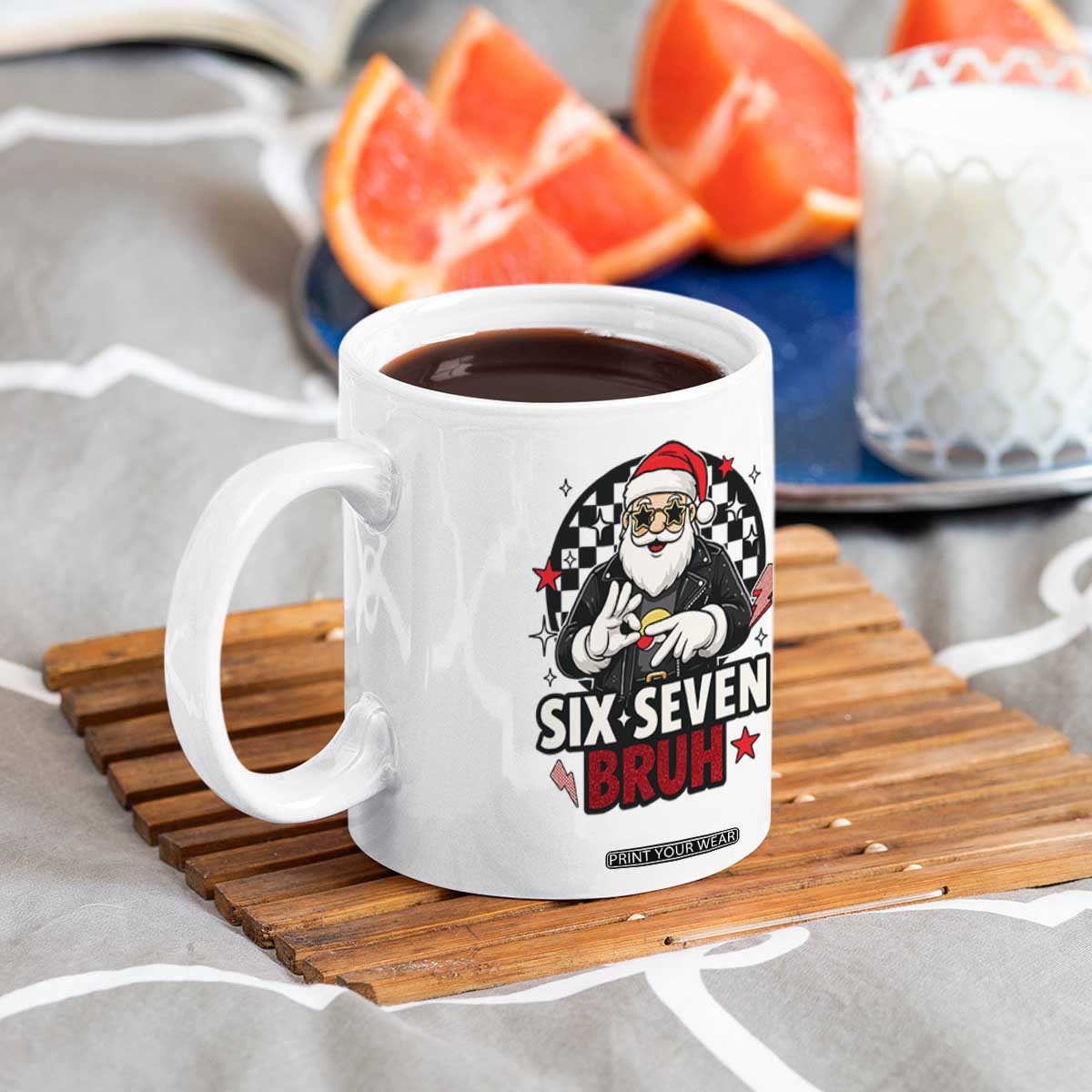 Six Seven Bruh Christmas Meme Coffee Mug Cool Santa 67 Hand Sign Street Style Vibes TS02 Print Your Wear