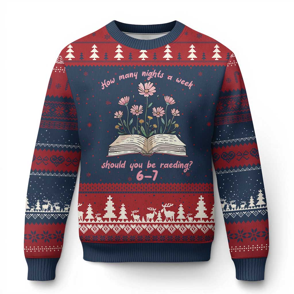 How Many Nights a Week Should You Be Reading 6 7 Ugly Christmas Sweater Aesthetic Floral Book TS02 Navy Red Print Your Wear