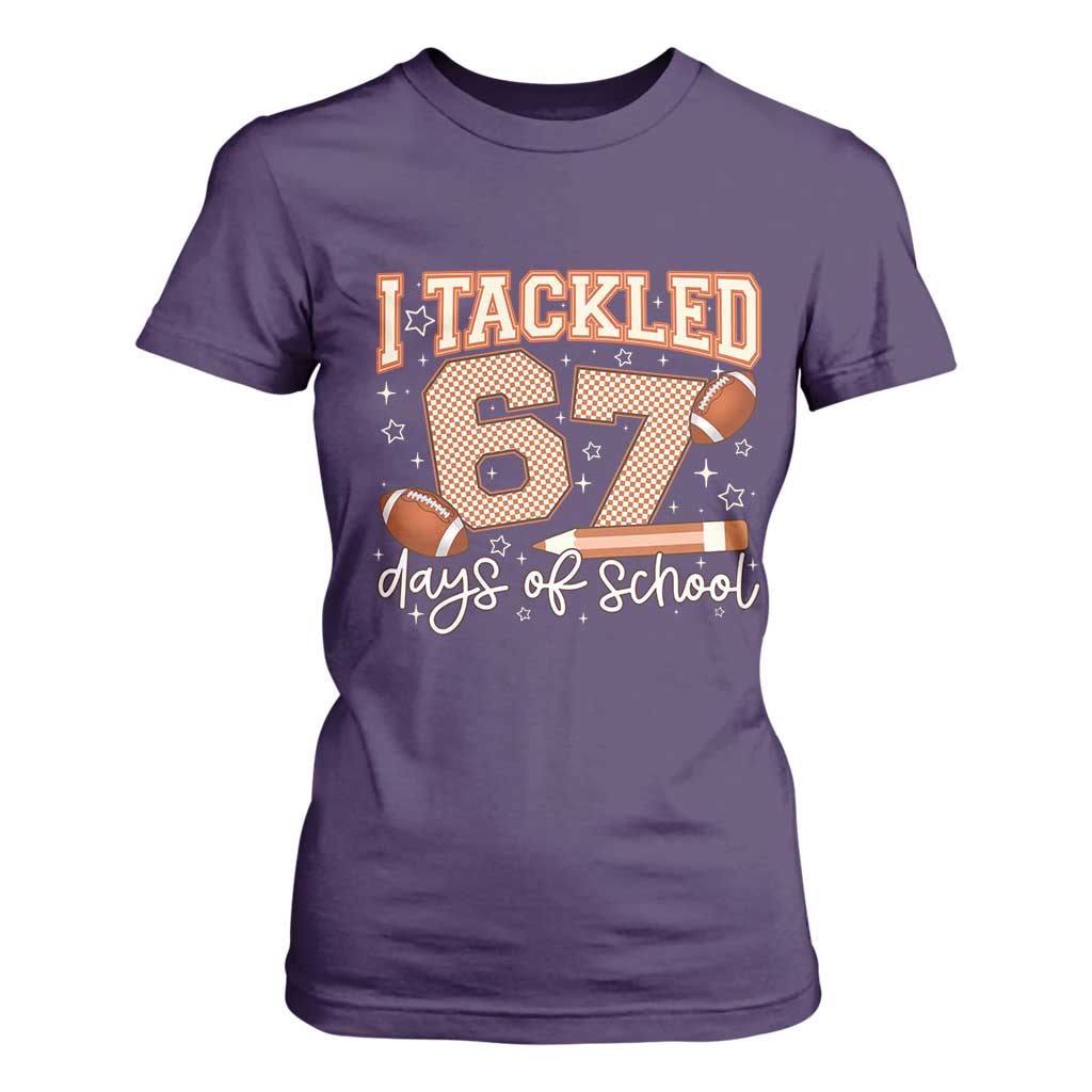I Tackled 67 Days of School T Shirt For Women Funny Six Seven Meme Football Lover Milestone TS02 Purple Print Your Wear