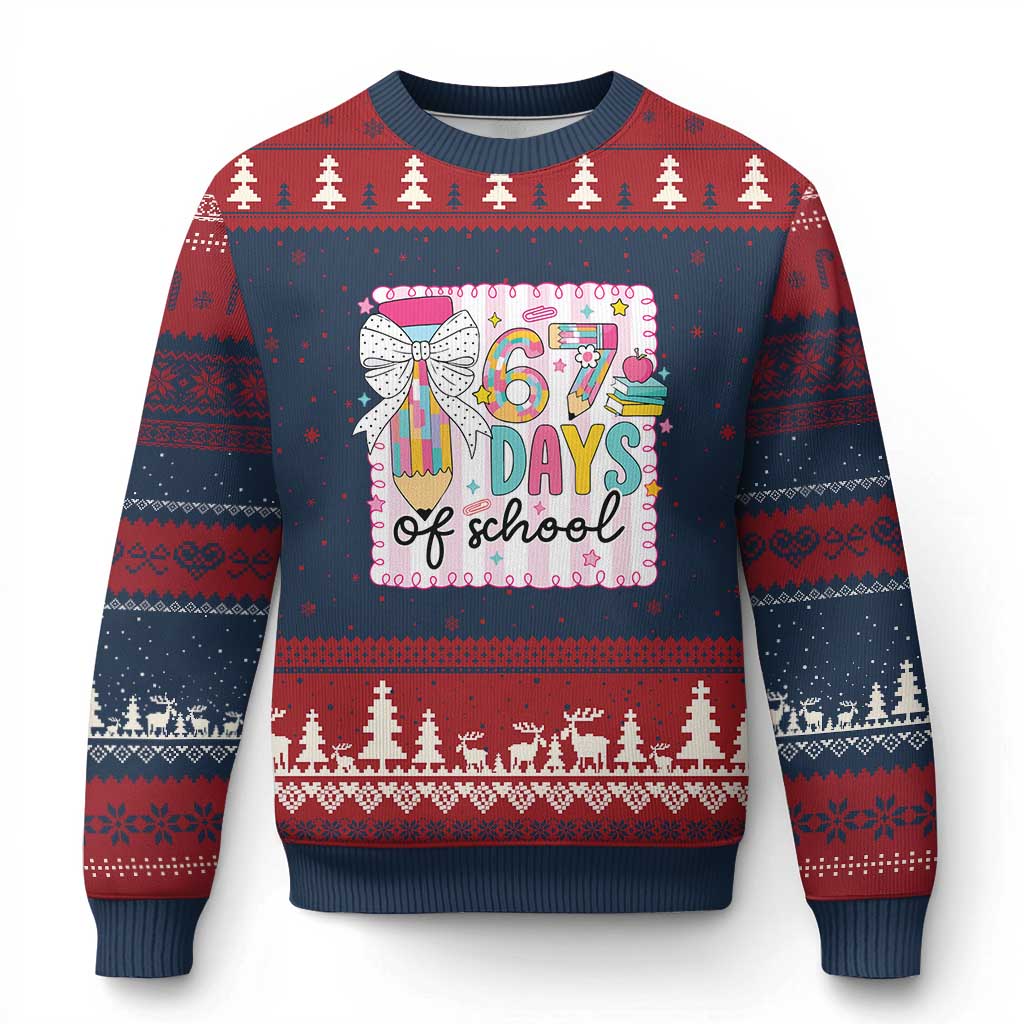 67 Days of School Ugly Christmas Sweater Six Seven Cute Girly Pencil and Bow for Students Teachers TS02 Navy Red Print Your Wear