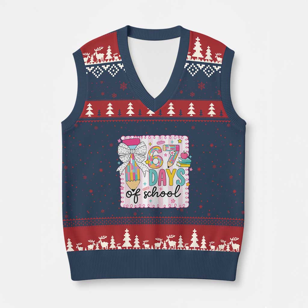67 Days of School V-Neck Knit Sweater Vest Six Seven Cute Girly Pencil and Bow for Students Teachers TS02 Navy Red Print Your Wear