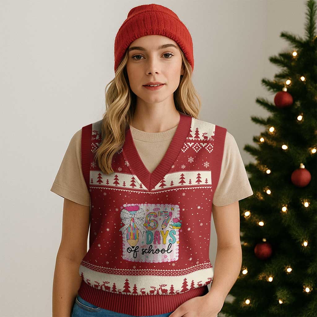 67 Days of School V-Neck Knit Sweater Vest Six Seven Cute Girly Pencil and Bow for Students Teachers TS02 Red Beige Print Your Wear