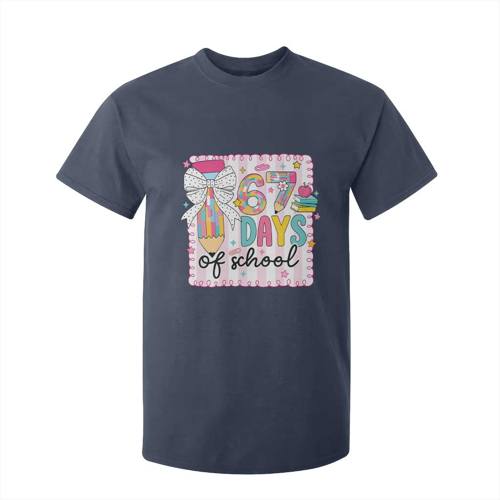 67 Days of School T Shirt For Kid Six Seven Cute Girly Pencil and Bow for Students Teachers TS02 Navy Print Your Wear