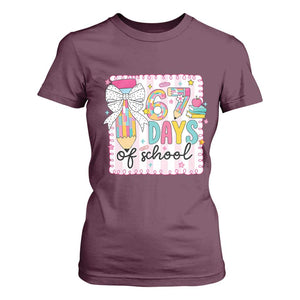 67 Days of School T Shirt For Women Six Seven Cute Girly Pencil and Bow for Students Teachers TS02 Maroon Print Your Wear