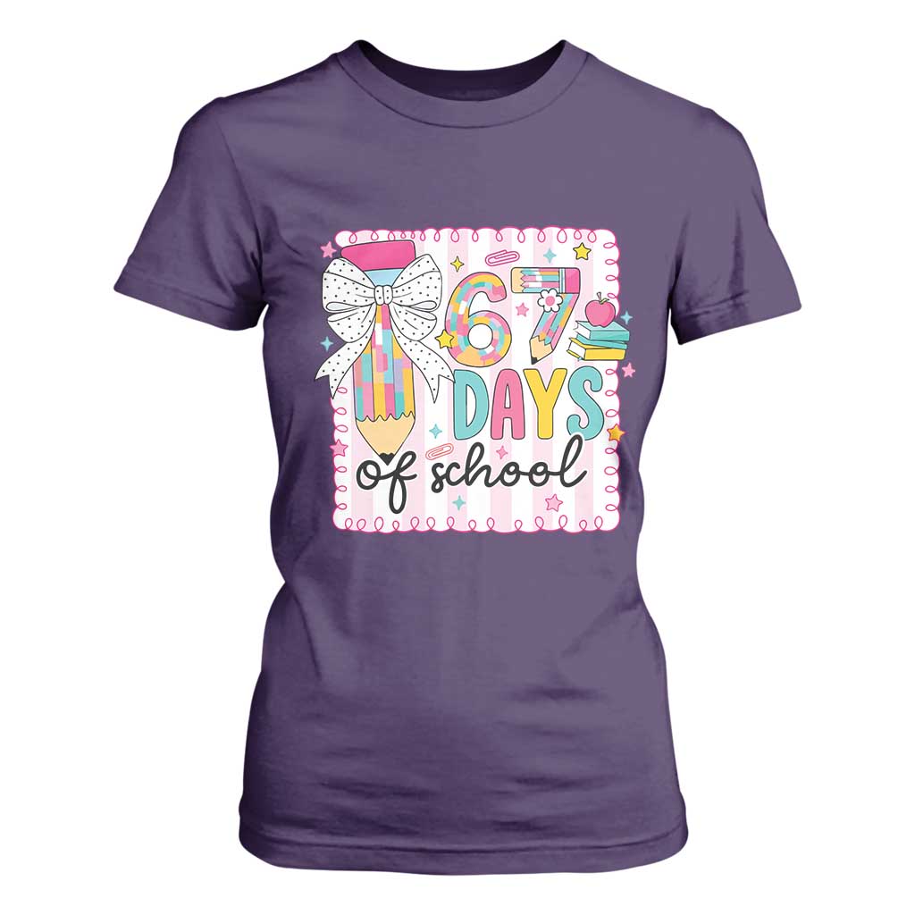 67 Days of School T Shirt For Women Six Seven Cute Girly Pencil and Bow for Students Teachers TS02 Purple Print Your Wear