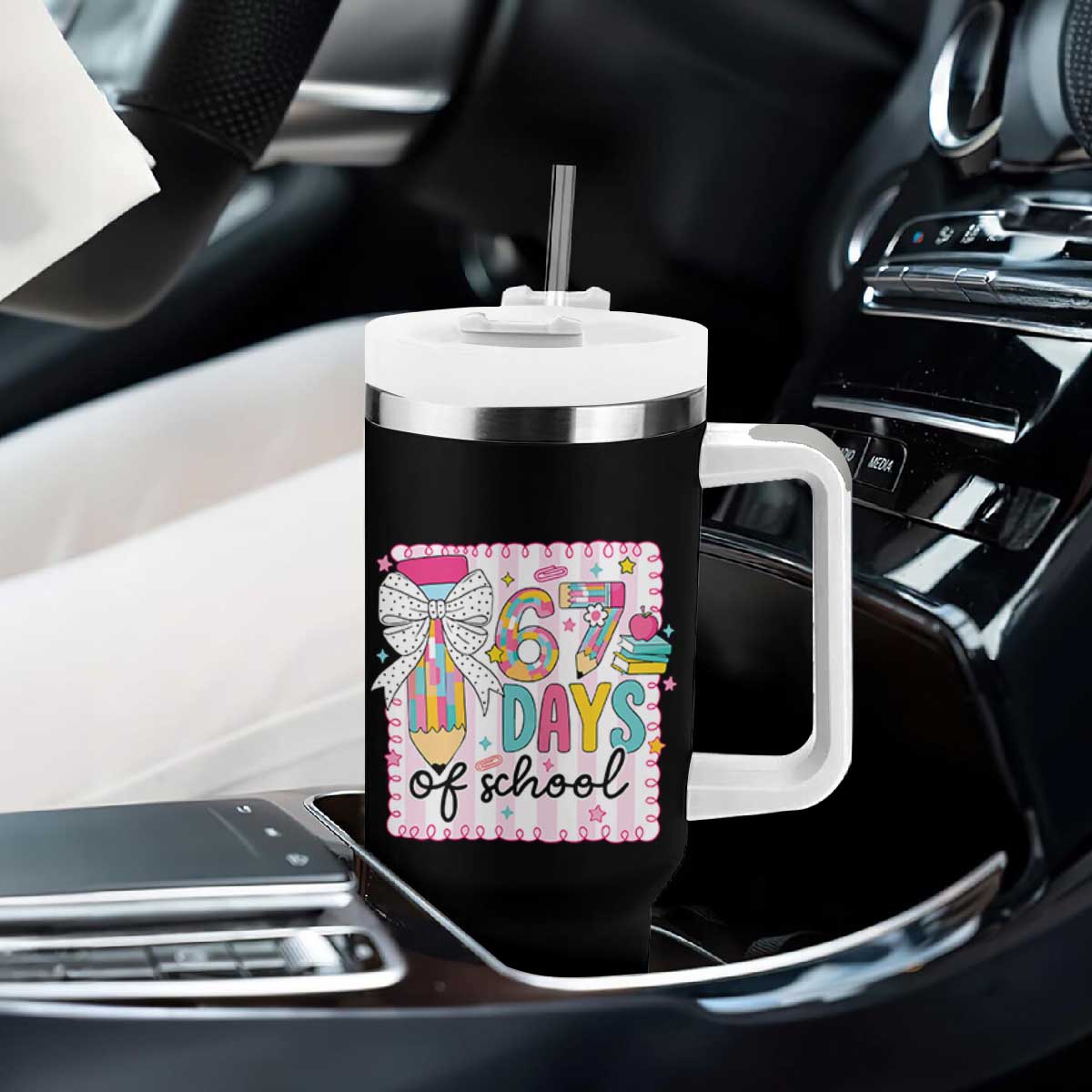 67 Days of School Tumbler With Handle Six Seven Cute Girly Pencil and Bow for Students Teachers TS02 Print Your Wear