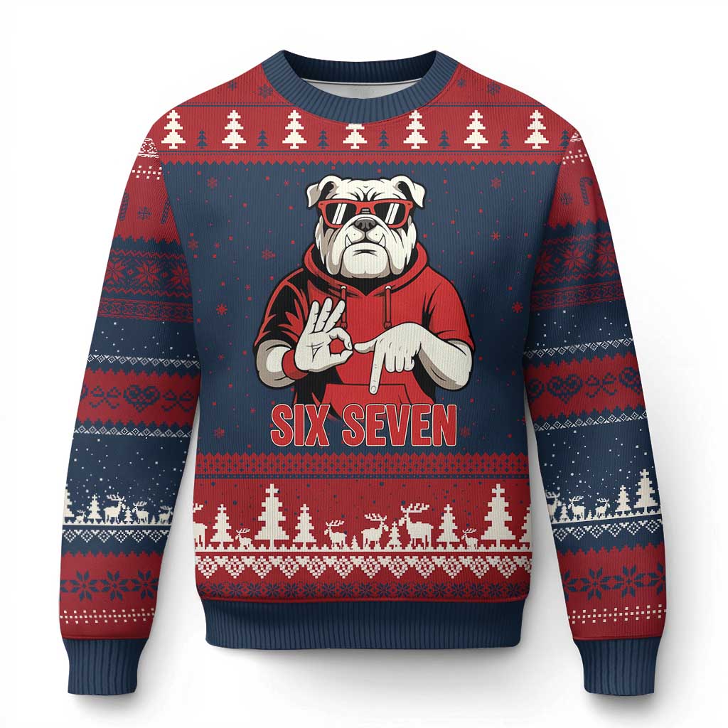 Six Seven Bulldog Meme Ugly Christmas Sweater Funny 67 Mascot Signs Internet Brainrot Lover TS02 Navy Red Print Your Wear