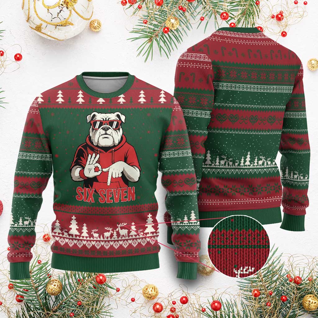 Six Seven Bulldog Meme Ugly Christmas Sweater Funny 67 Mascot Signs Internet Brainrot Lover TS02 Red Green Print Your Wear