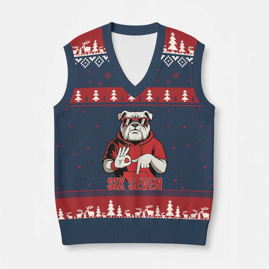 Six Seven Bulldog Meme V-Neck Knit Sweater Vest Funny 67 Mascot Signs Internet Brainrot Lover TS02 Navy Red Print Your Wear