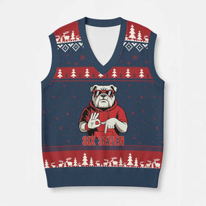 Six Seven Bulldog Meme V-Neck Knit Sweater Vest Funny 67 Mascot Signs Internet Brainrot Lover TS02 Navy Red Print Your Wear