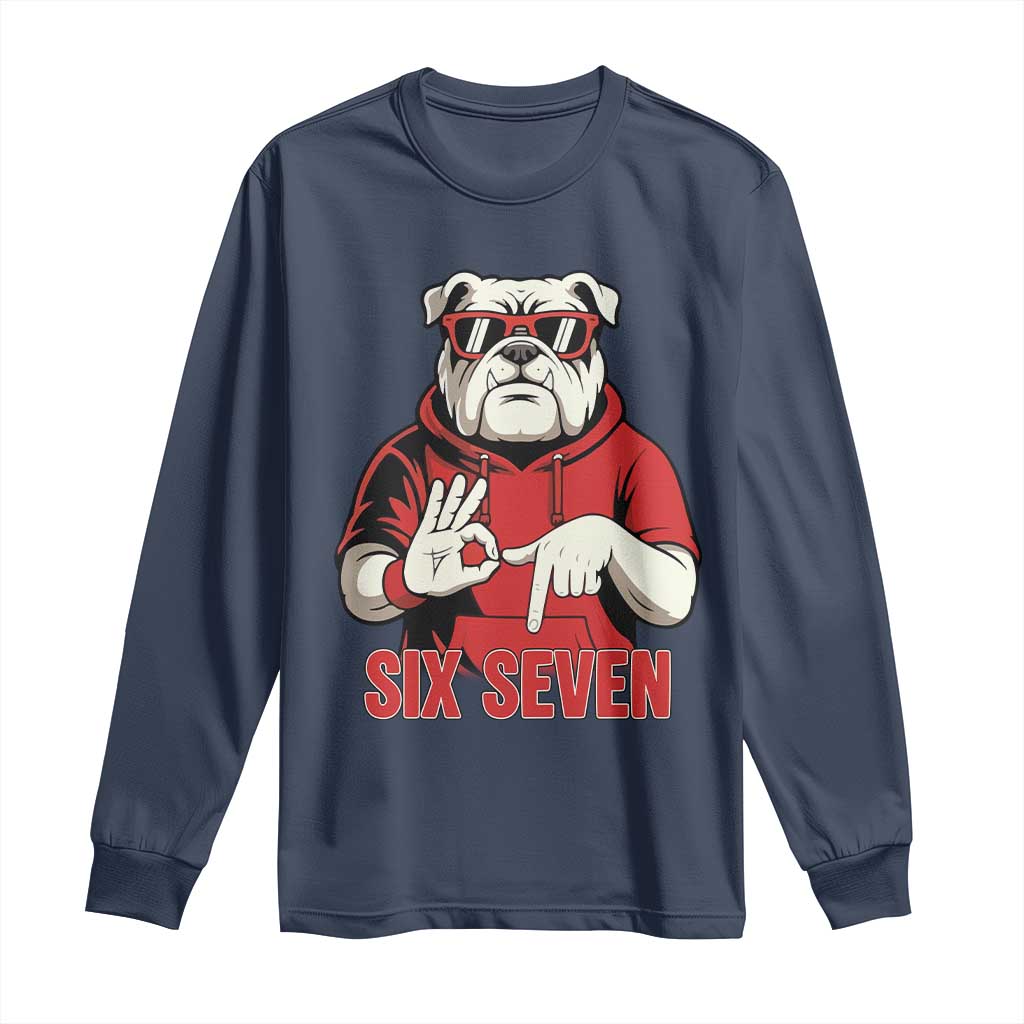 Six Seven Bulldog Meme Long Sleeve Shirt Funny 67 Mascot Signs Internet Brainrot Lover TS02 Navy Print Your Wear