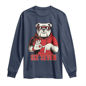 Six Seven Bulldog Meme Long Sleeve Shirt Funny 67 Mascot Signs Internet Brainrot Lover TS02 Navy Print Your Wear