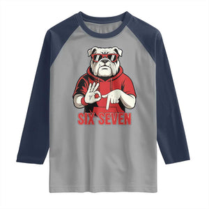 Six Seven Bulldog Meme Raglan Shirt Funny 67 Mascot Signs Internet Brainrot Lover TS02 Sport Gray Navy Print Your Wear