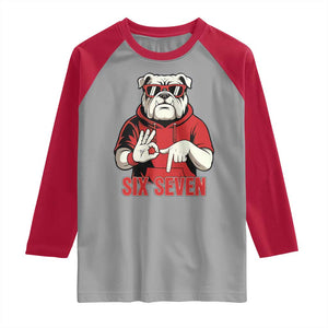 Six Seven Bulldog Meme Raglan Shirt Funny 67 Mascot Signs Internet Brainrot Lover TS02 Sport Gray Red Print Your Wear
