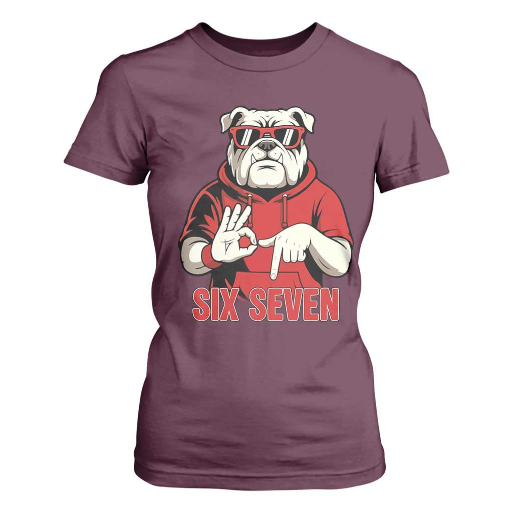 Six Seven Bulldog Meme T Shirt For Women Funny 67 Mascot Signs Internet Brainrot Lover TS02 Maroon Print Your Wear