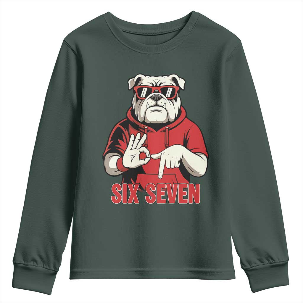 Six Seven Bulldog Meme Youth Sweatshirt Funny 67 Mascot Signs Internet Brainrot Lover TS02 Dark Forest Green Print Your Wear