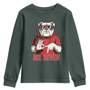 Six Seven Bulldog Meme Youth Sweatshirt Funny 67 Mascot Signs Internet Brainrot Lover TS02 Dark Forest Green Print Your Wear