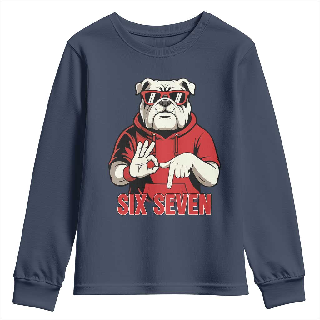 Six Seven Bulldog Meme Youth Sweatshirt Funny 67 Mascot Signs Internet Brainrot Lover TS02 Navy Print Your Wear