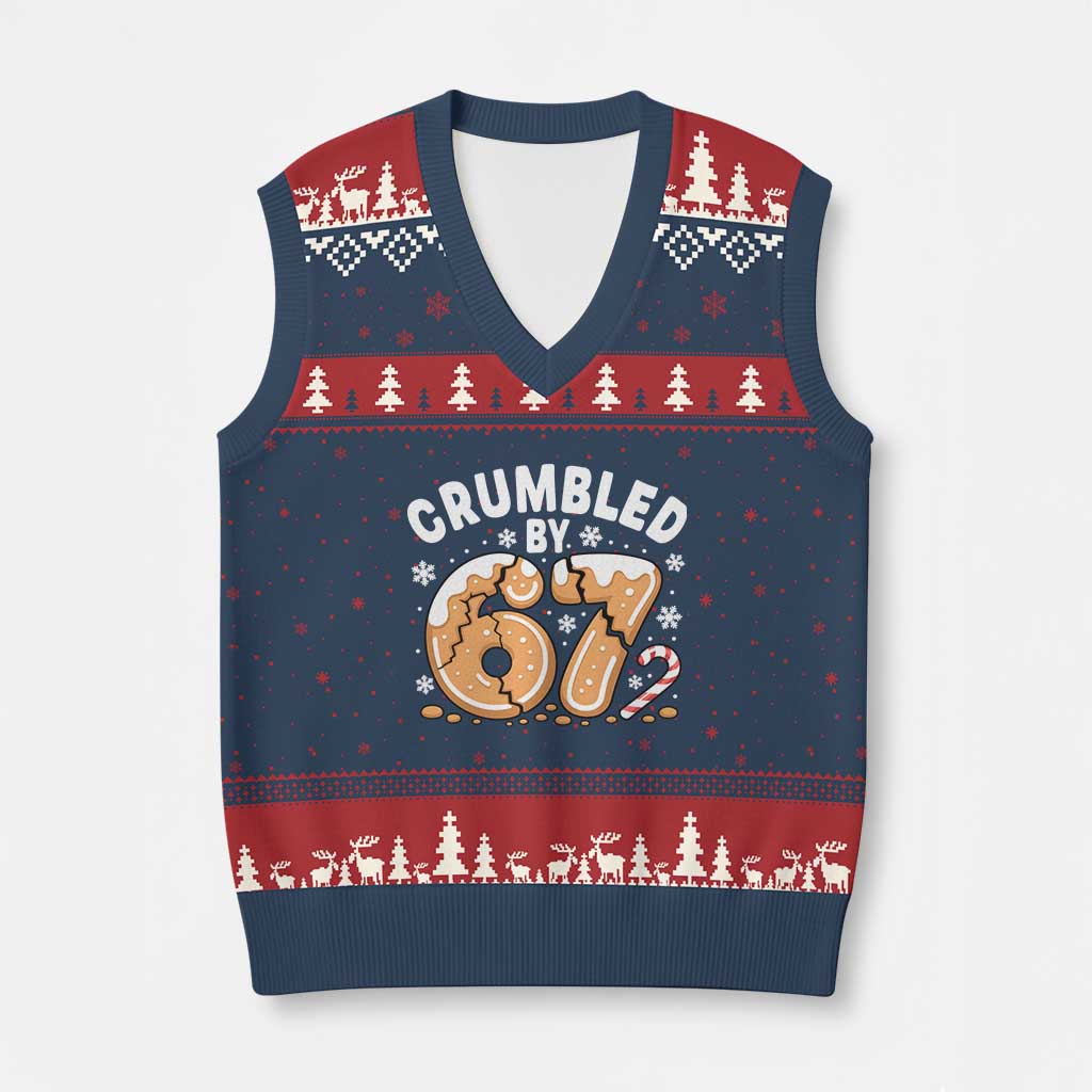 Crumbled by 67 V-Neck Knit Sweater Vest Funny Gingerbread Christmas Meme Cookie Chaos TS02 Navy Red Print Your Wear