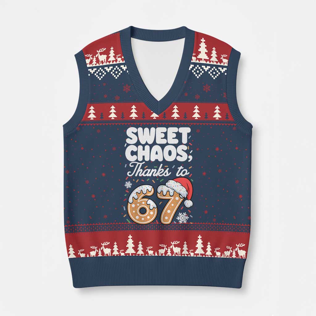 Sweet Chaos Thanks to 67 V-Neck Knit Sweater Vest Funny Xmas Cookie Meme with Sprinkles TS02 Navy Red Print Your Wear