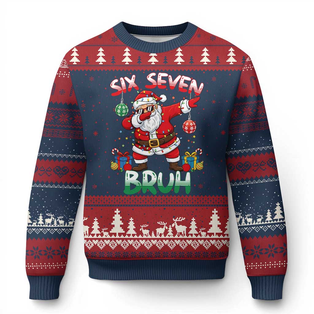 Six Seven Bruh Xmas Ugly Christmas Sweater Funny Dabbing Santa 67 Meme Holiday Gag Gift TS02 Navy Red Print Your Wear