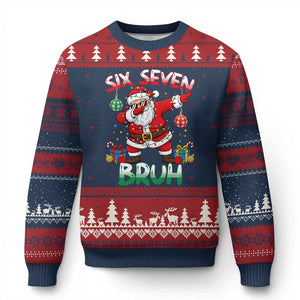 Six Seven Bruh Xmas Ugly Christmas Sweater Funny Dabbing Santa 67 Meme Holiday Gag Gift TS02 Navy Red Print Your Wear
