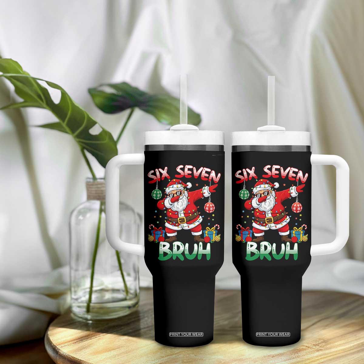 Six Seven Bruh Christmas Tumbler With Handle Funny Dabbing Santa 67 Meme Holiday Gag Gift TS02 Print Your Wear