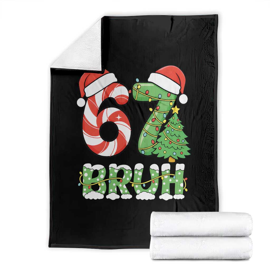 Funny 67 Bruh Christmas Throw Blanket Candy Cane and Xmas Tree Six Seven Meme Holiday Lights TS02 Black Print Your Wear