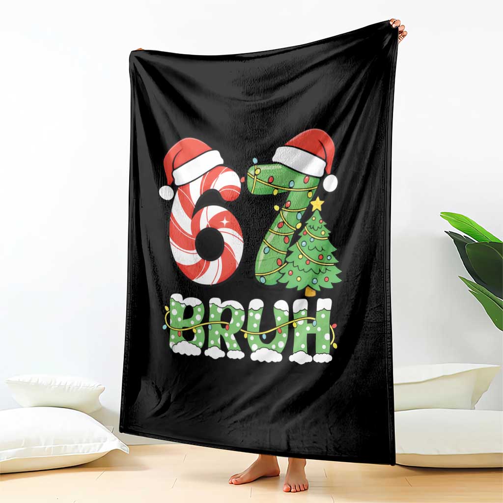 Funny 67 Bruh Christmas Throw Blanket Candy Cane and Xmas Tree Six Seven Meme Holiday Lights TS02 Print Your Wear