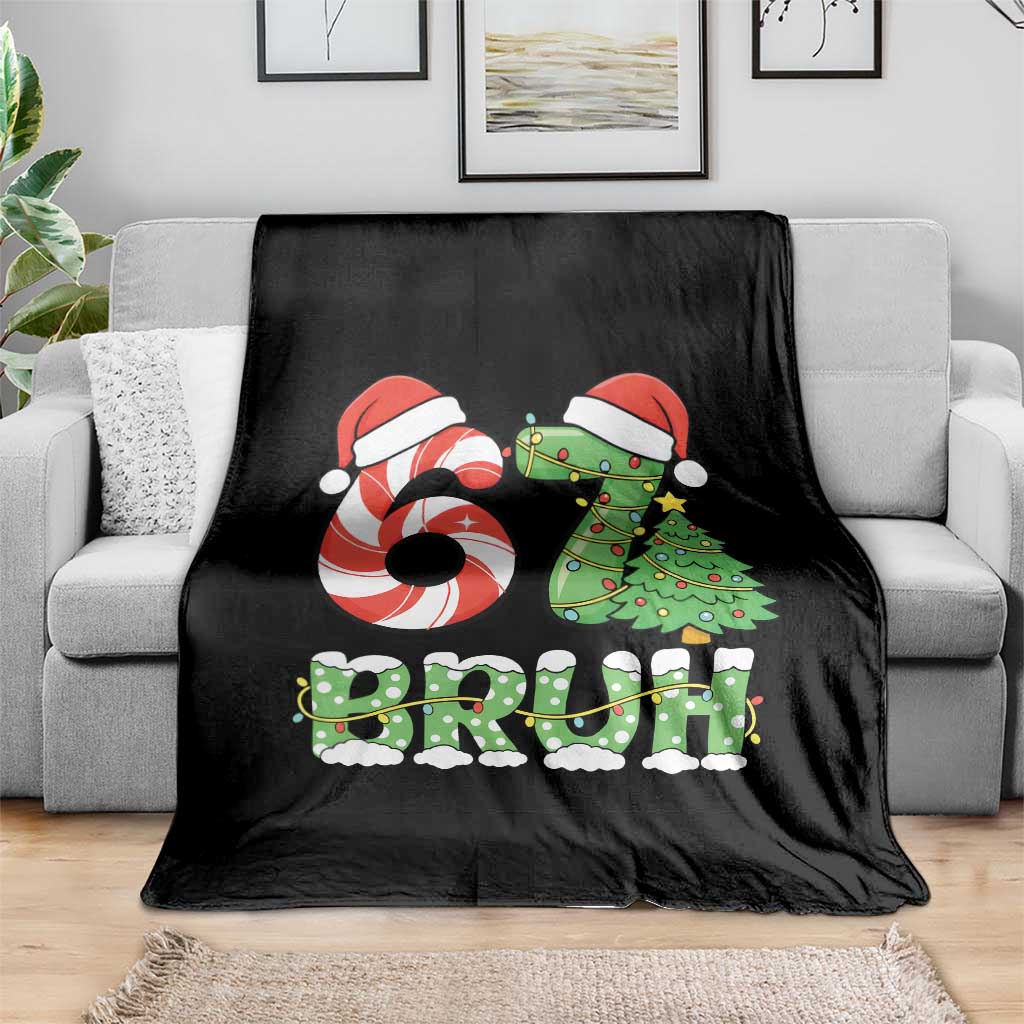 Funny 67 Bruh Christmas Throw Blanket Candy Cane and Xmas Tree Six Seven Meme Holiday Lights TS02 Print Your Wear