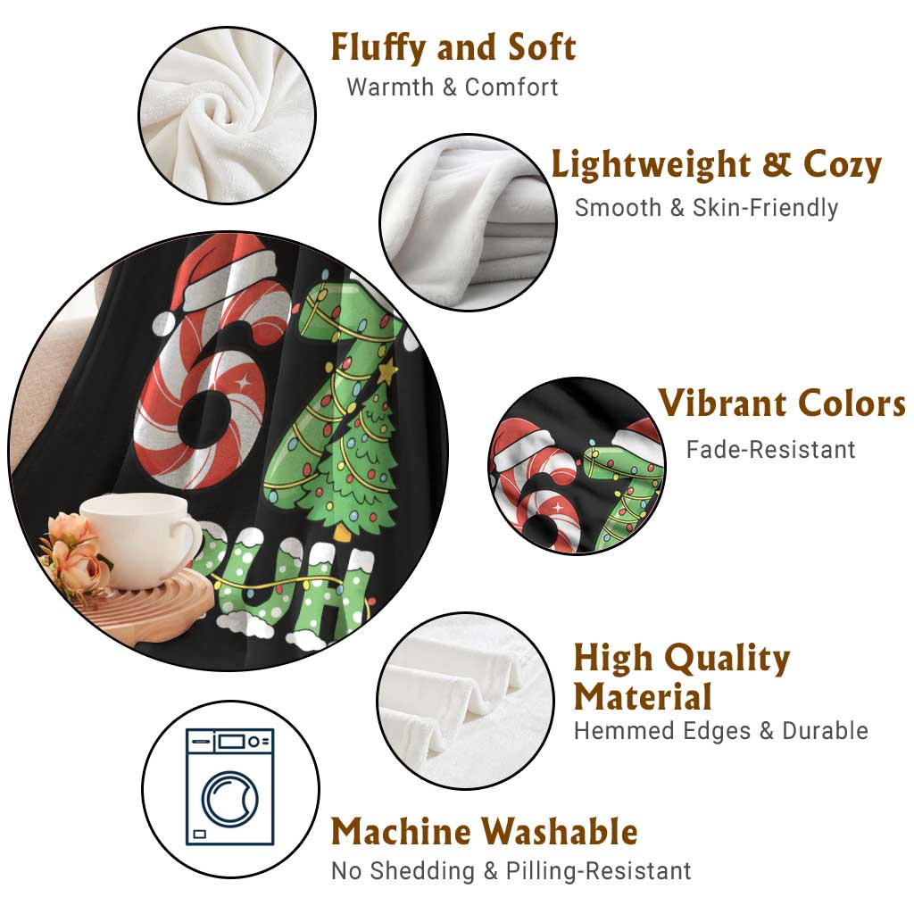 Funny 67 Bruh Christmas Throw Blanket Candy Cane and Xmas Tree Six Seven Meme Holiday Lights TS02 Print Your Wear