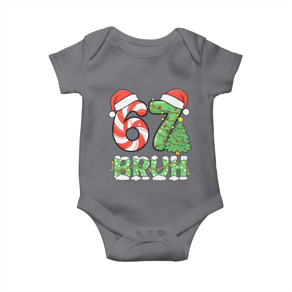 Funny 67 Bruh Christmas Baby Onesie Candy Cane and Xmas Tree Six Seven Meme Holiday Lights TS02 Charcoal Print Your Wear