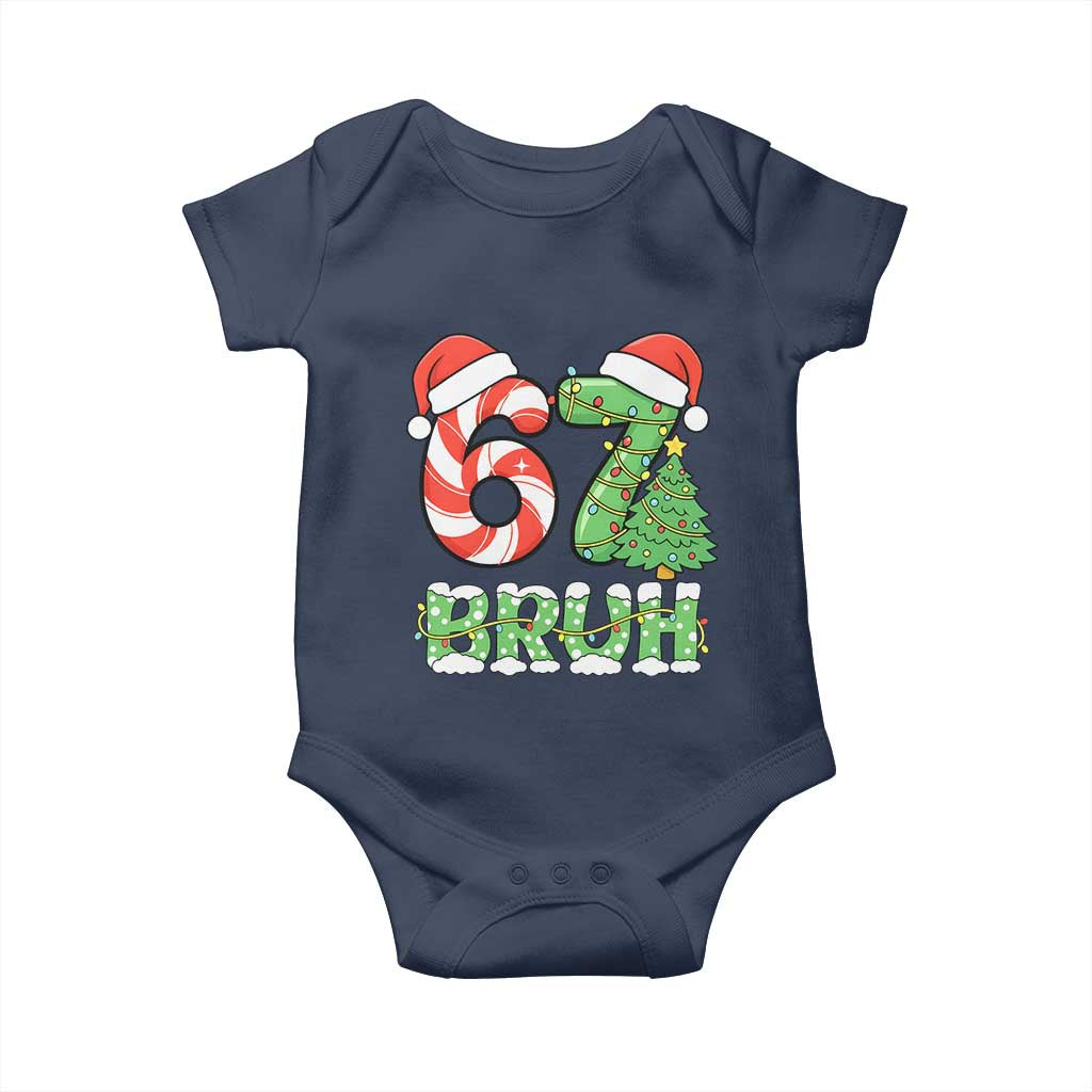 Funny 67 Bruh Christmas Baby Onesie Candy Cane and Xmas Tree Six Seven Meme Holiday Lights TS02 Navy Print Your Wear
