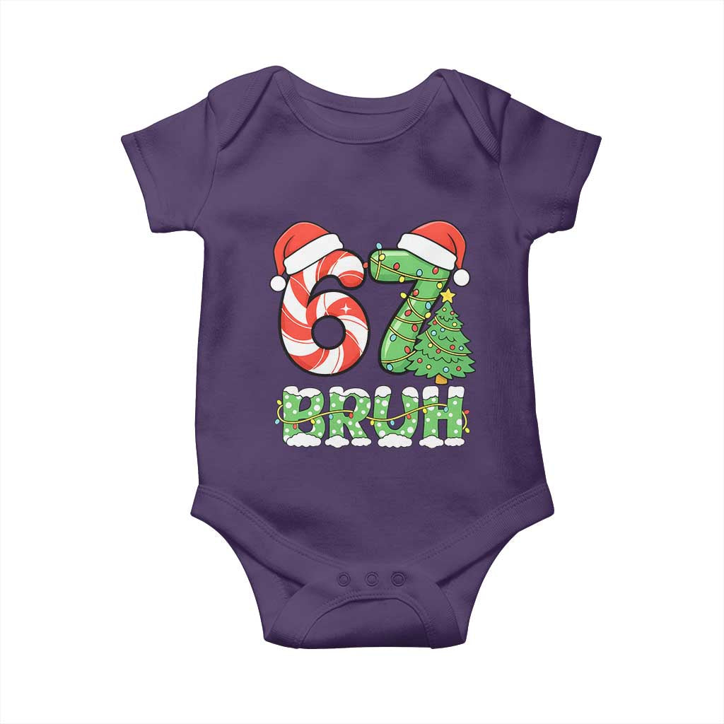 Funny 67 Bruh Christmas Baby Onesie Candy Cane and Xmas Tree Six Seven Meme Holiday Lights TS02 Purple Print Your Wear