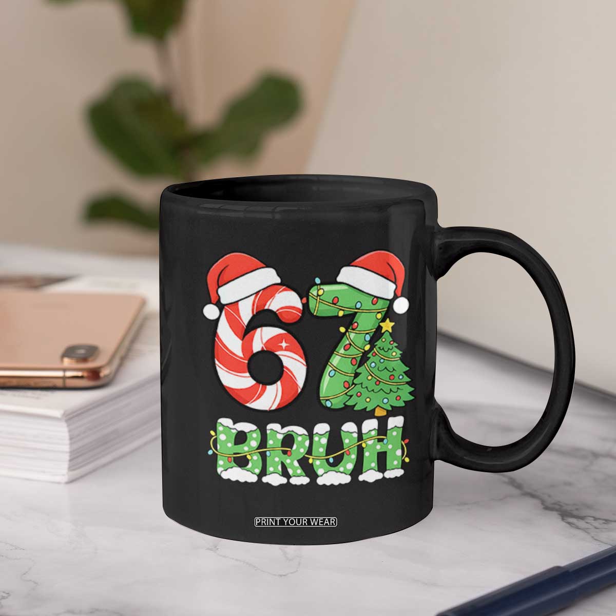 Funny 67 Bruh Christmas Coffee Mug Candy Cane and Xmas Tree Six Seven Meme Holiday Lights TS02 Print Your Wear