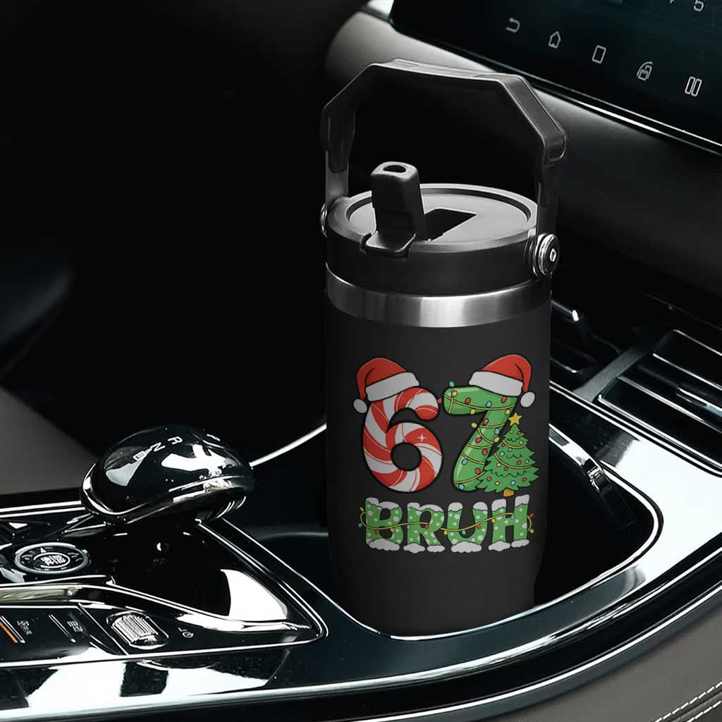 Funny 67 Bruh Christmas Flip Straw Tumbler Candy Cane and Xmas Tree Six Seven Meme Holiday Lights TS02 Print Your Wear