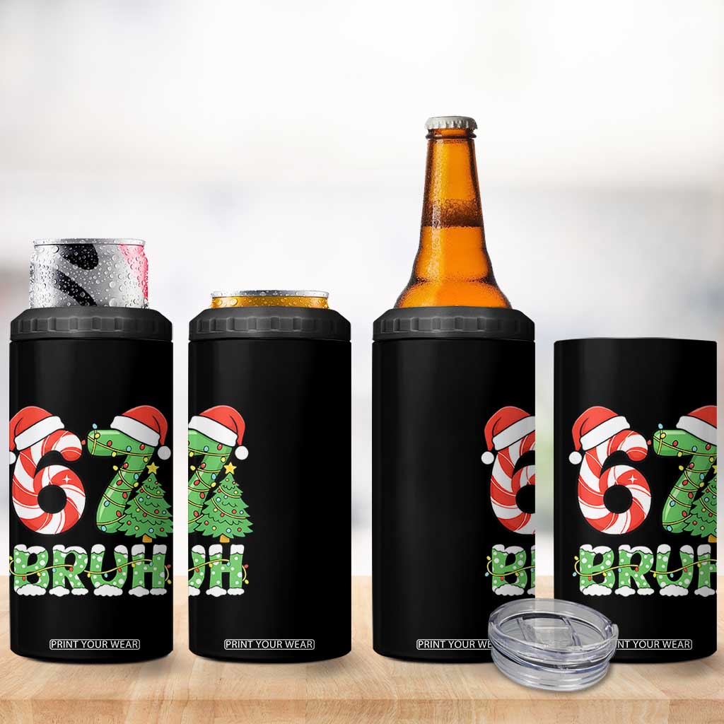 Funny 67 Bruh Christmas 4 in 1 Can Cooler Tumbler Candy Cane and Xmas Tree Six Seven Meme Holiday Lights TS02 Print Your Wear