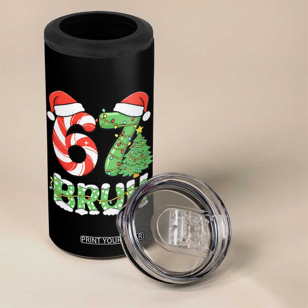 Funny 67 Bruh Christmas 4 in 1 Can Cooler Tumbler Candy Cane and Xmas Tree Six Seven Meme Holiday Lights TS02 Print Your Wear